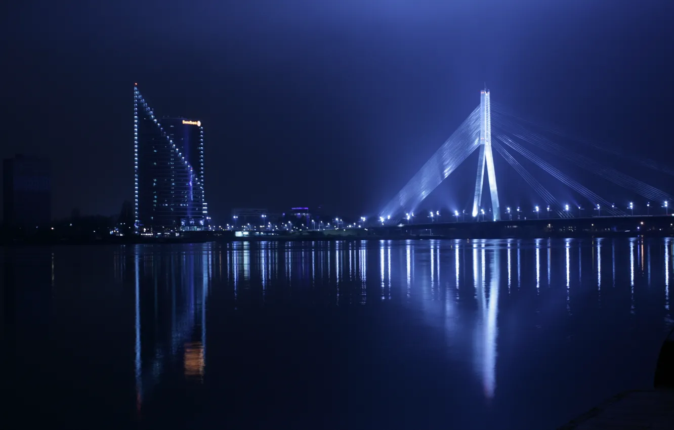 Photo wallpaper lights, bridge, water, night, staro Riga, Daugava, Riga