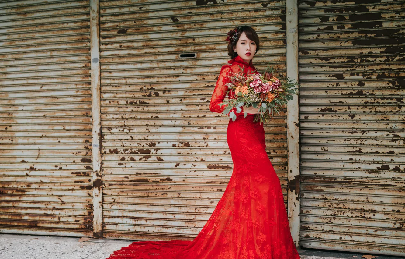 Photo wallpaper bouquet, dress, Oriental girl