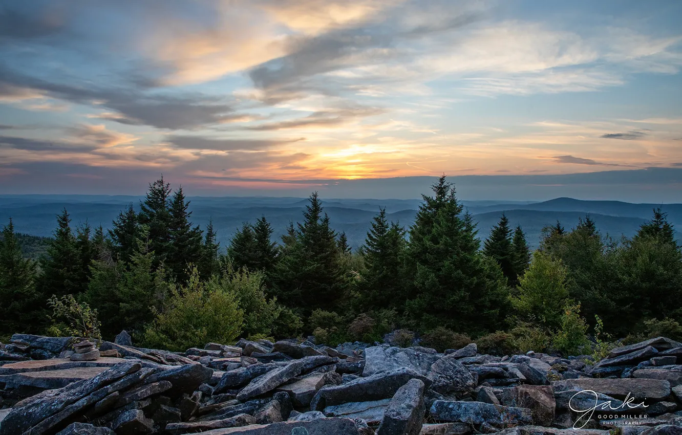 Photo wallpaper forest, the sky, trees, sunset, mountains, stones, hill, West Virginia