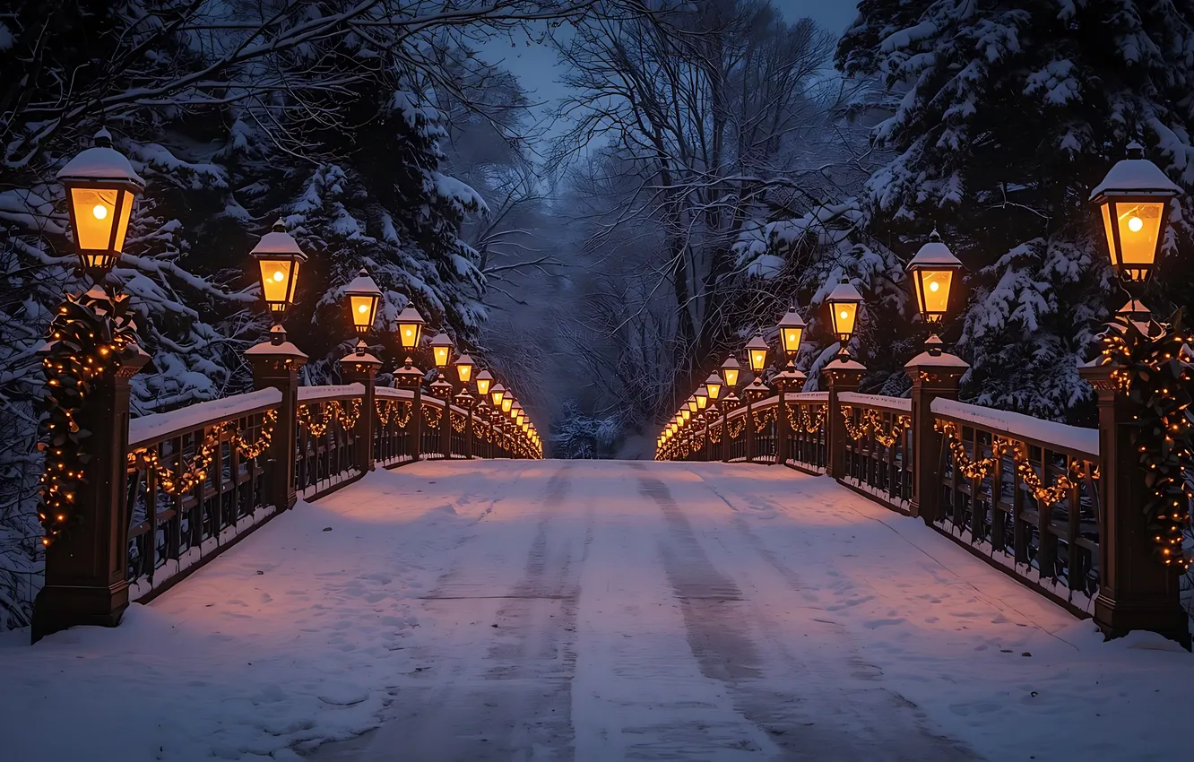 Photo wallpaper winter, snow, bridge, Park, Christmas, lights, bridge, night