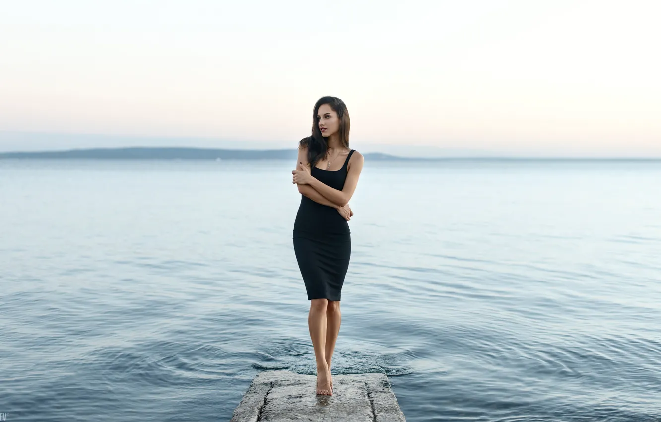 Photo wallpaper look, water, girl, pose, lake, model, figure, dress