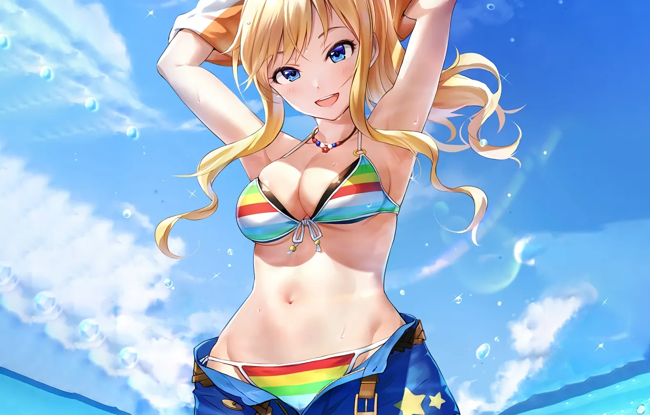 Photo wallpaper girl, sexy, cleavage, beach, shorts, long hair, sea, boobs