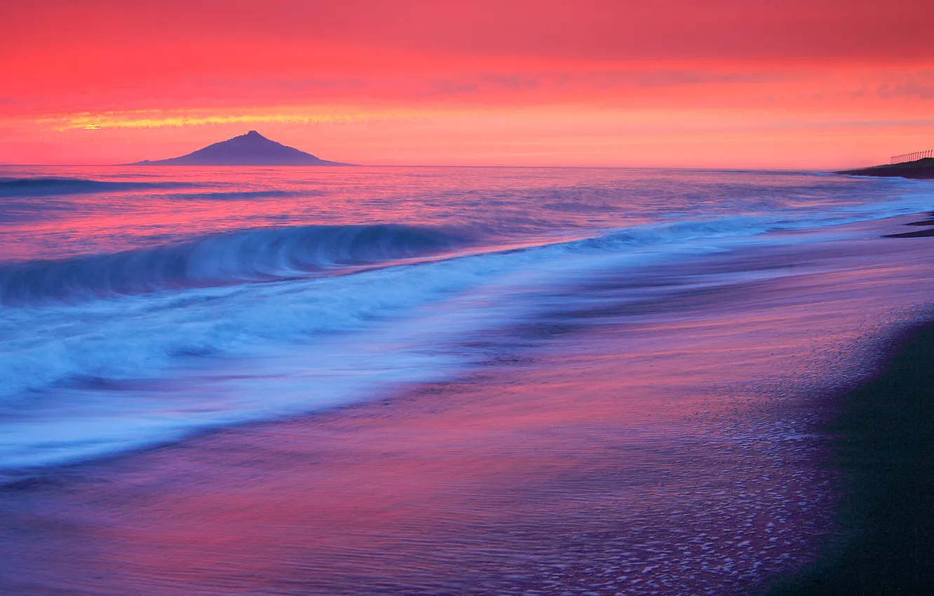 Photo wallpaper sea, the sky, sunset, island, mountain