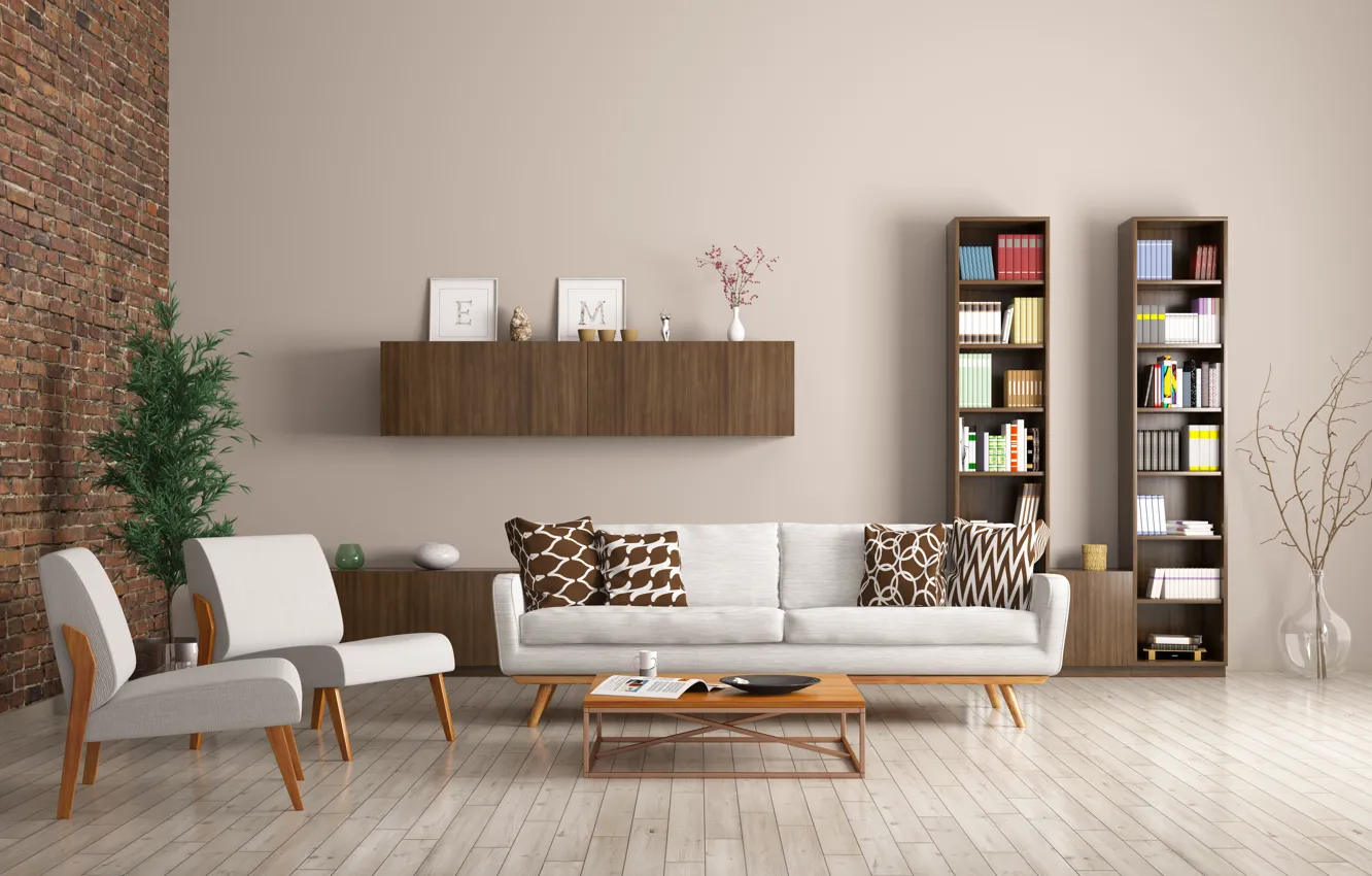 Photo wallpaper sofa, interior, chairs, library, design, modern, apartment, racks