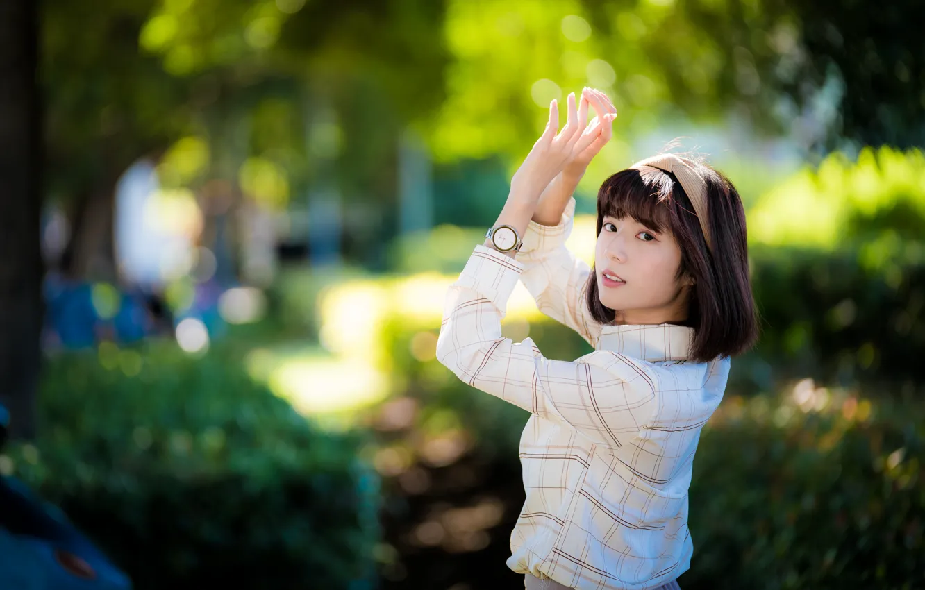 Photo wallpaper girl, pose, Asian, cutie, bokeh