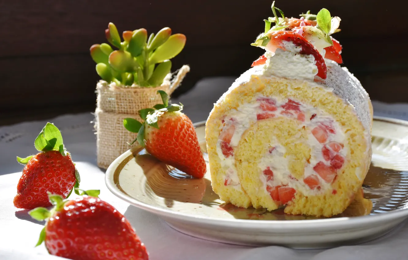 Photo wallpaper light, berries, table, plant, strawberry, plate, cream, dessert