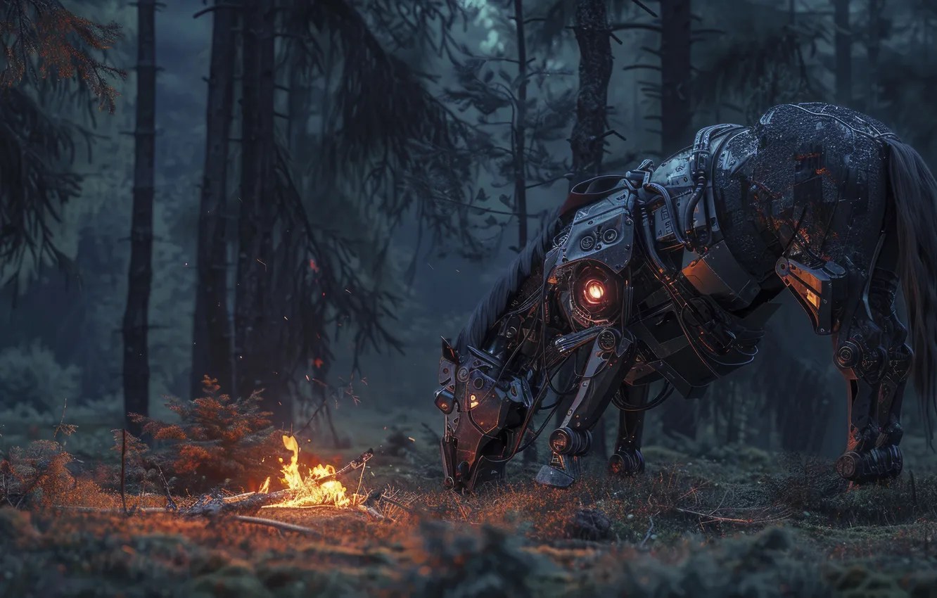 Photo wallpaper trees, night, horse, horse, mechanism, robot, the fire, fantasy