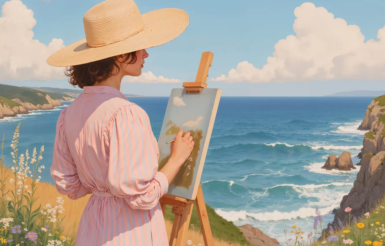 Photo wallpaper neural network, flowers, artist, hat, surf, AI art, easel, painting