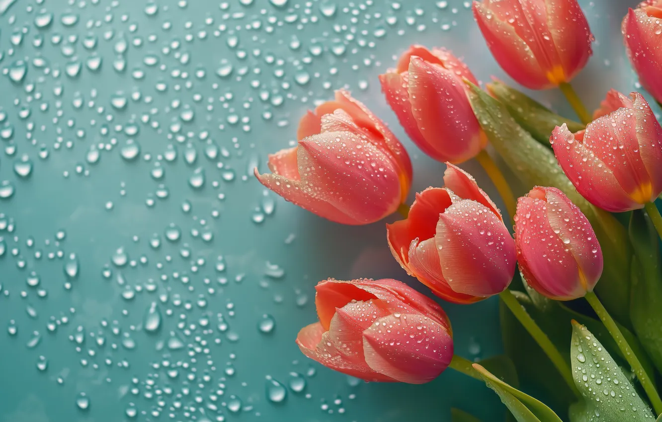 Photo wallpaper drops, flowers, bouquet, tulips, pink, blue background, AI art, neural network