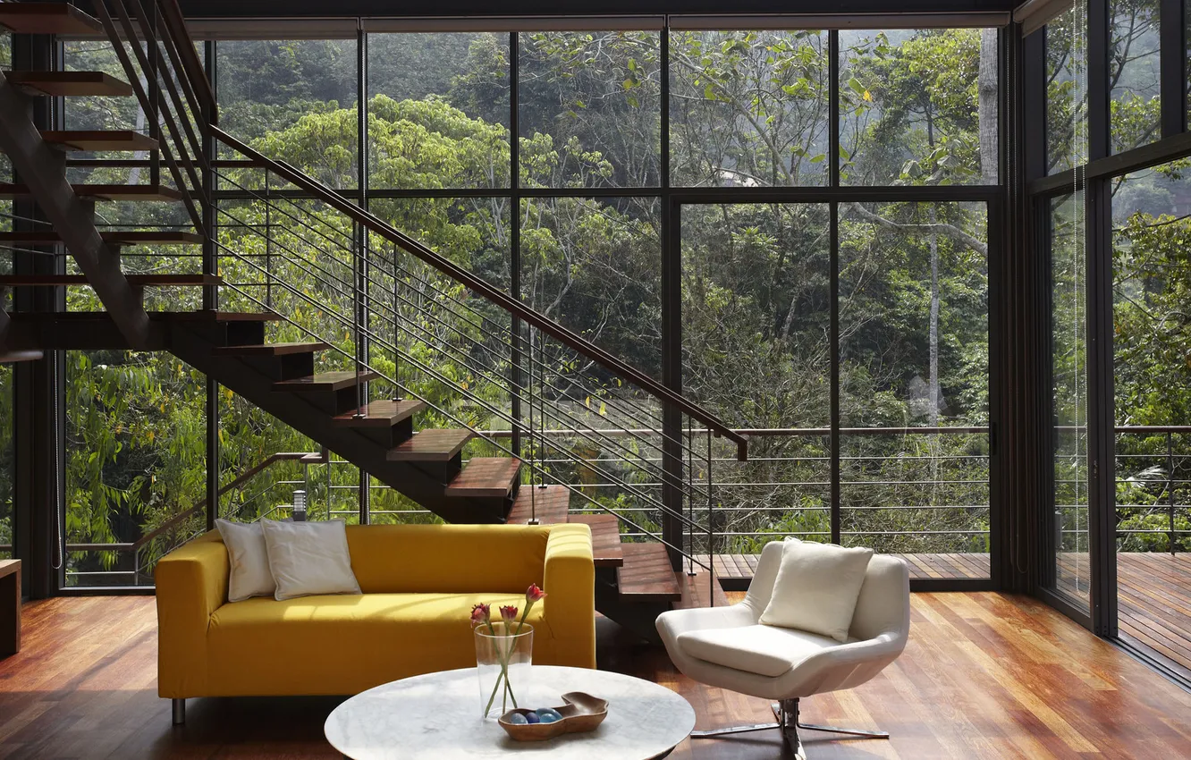 Photo wallpaper design, style, Villa, interior, ladder, living room, glass walls for connecting spaces and views