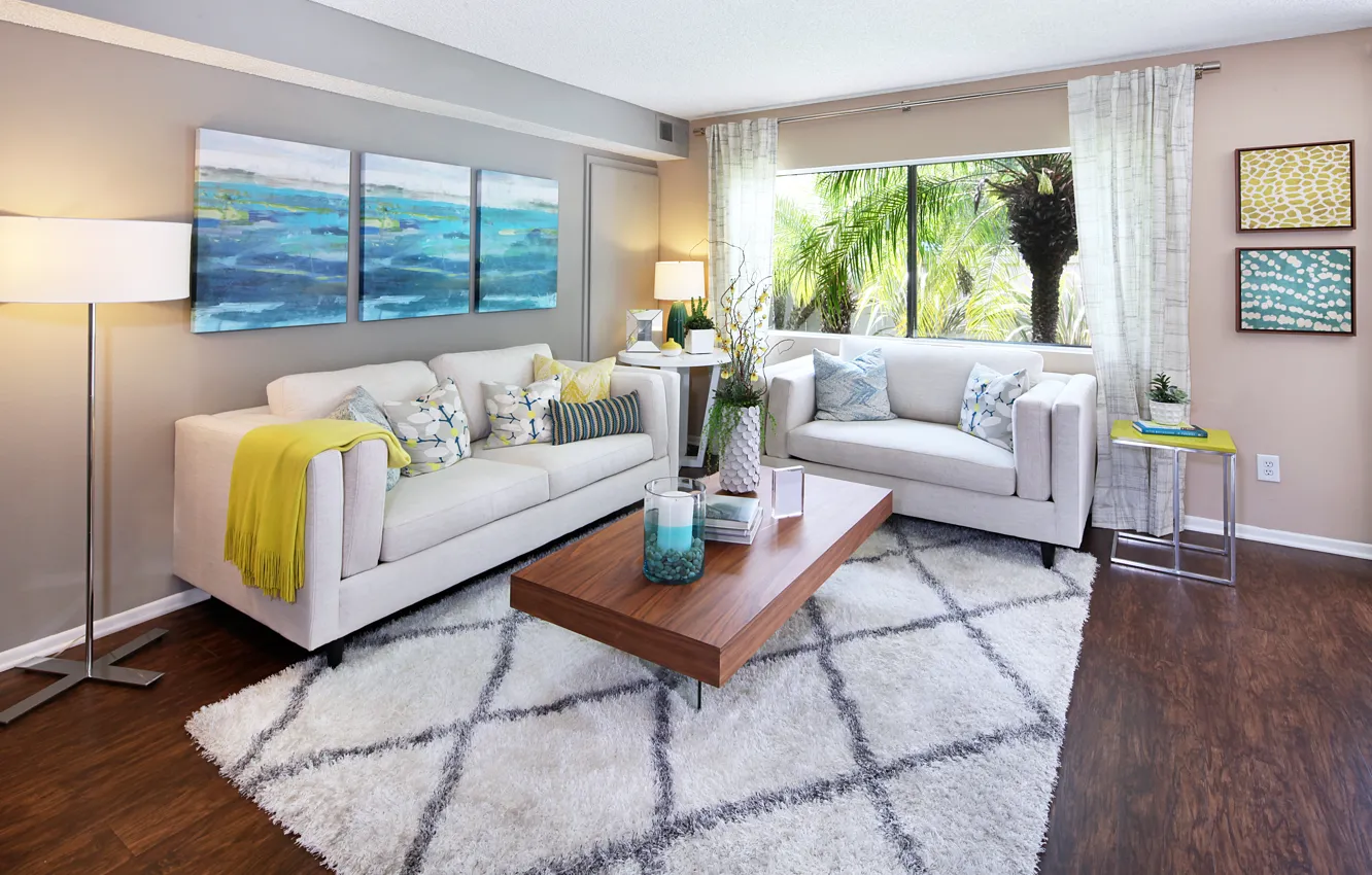 Photo wallpaper design, table, sofa, carpet, picture, lamp, mansion, design