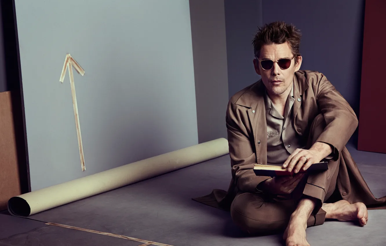 Photo wallpaper barefoot, glasses, actor, book, cloak, sitting, on the floor, photoshoot