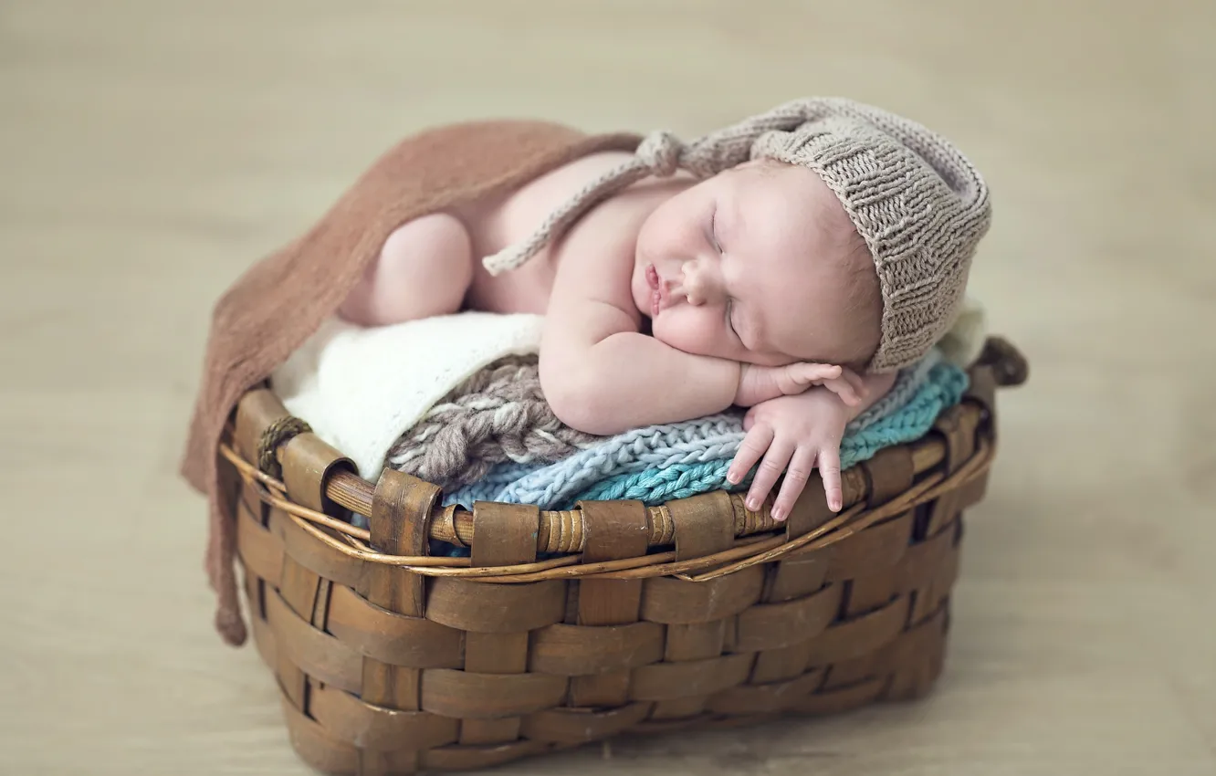 Photo wallpaper basket, child, sleep, baby, cap, baby