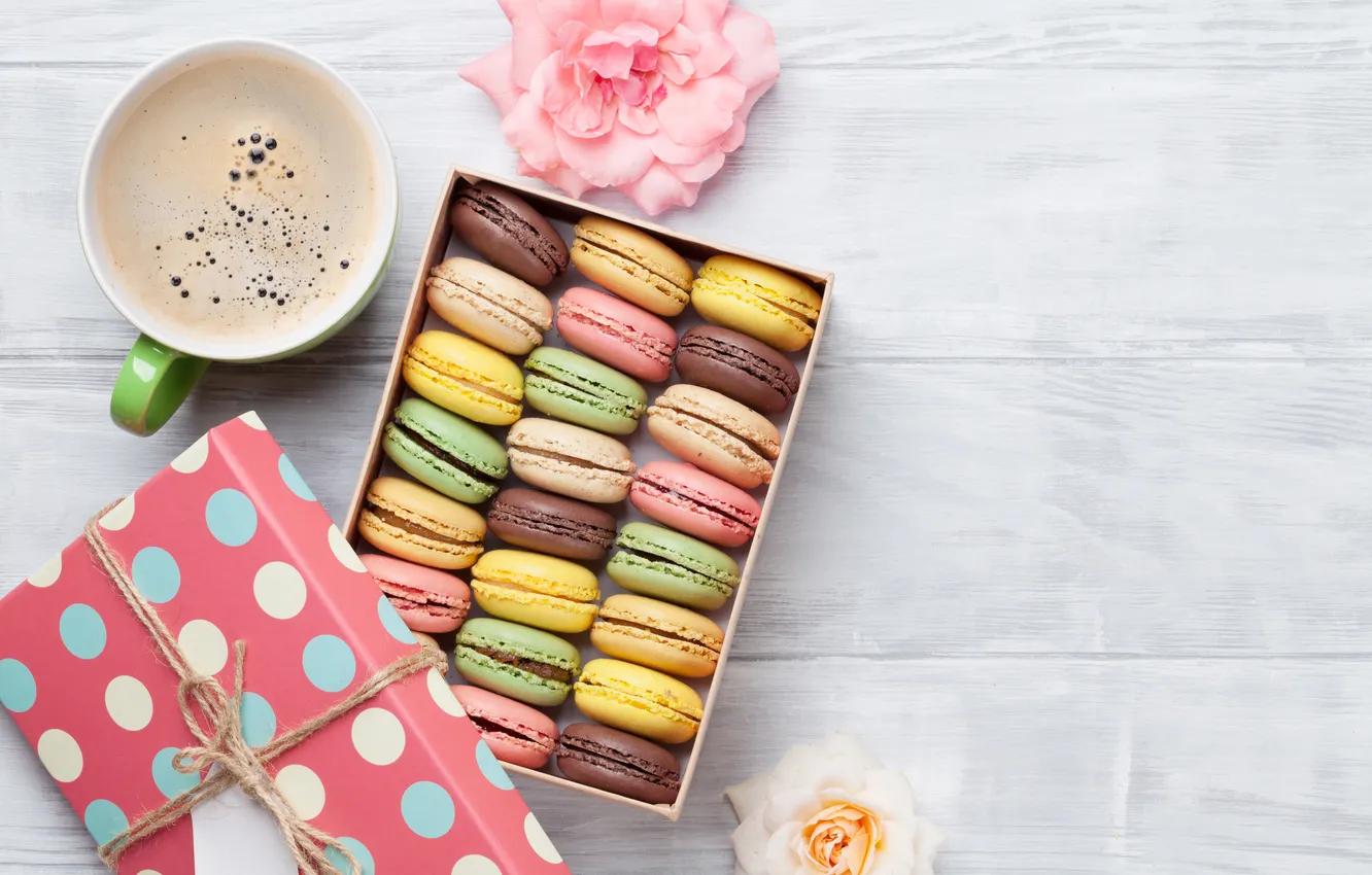 Photo wallpaper flowers, gift, colorful, wood, pink, flowers, coffee cup, macarons