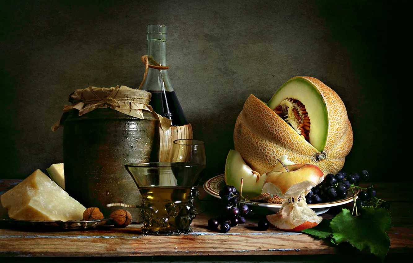 Photo wallpaper the dark background, table, wine, apples, glass, bottle, stub, plate
