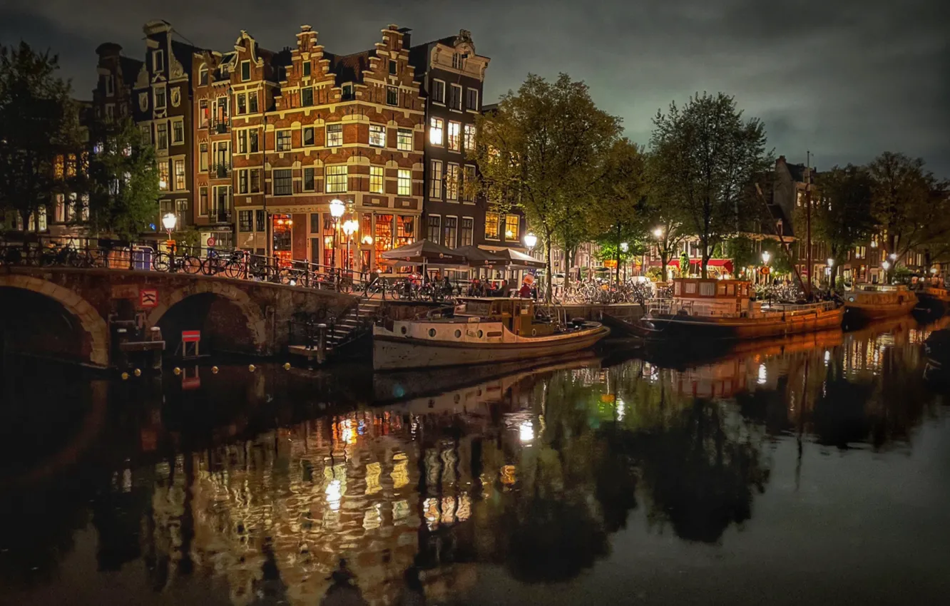 Photo wallpaper night, bridge, the city, boat, home, the evening, lighting, Amsterdam