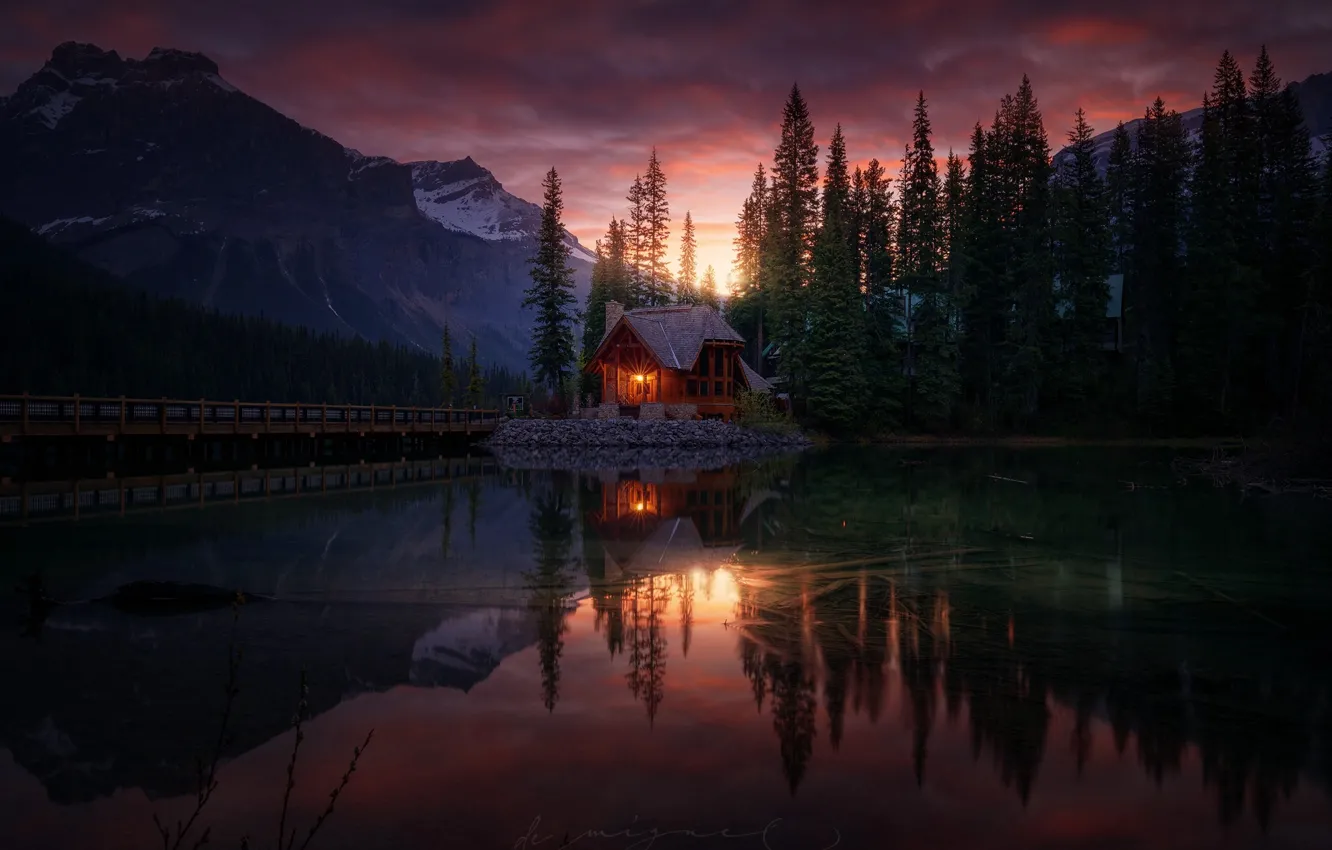 Photo wallpaper forest, water, reflection, mountains, nature, lake, the evening, house