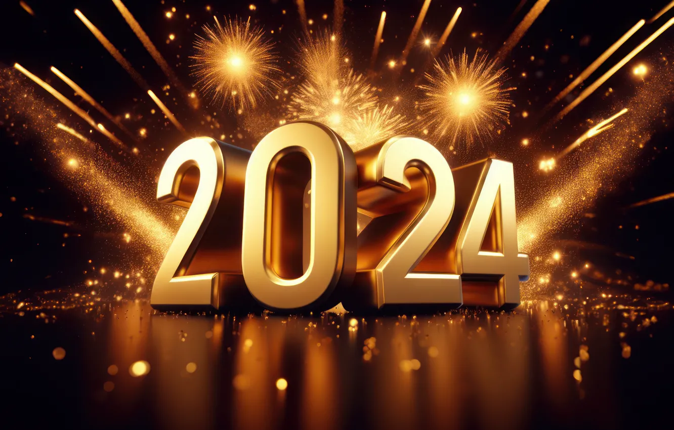 Photo wallpaper salute, figures, New year, golden, numbers, New year, 2024, fieworks