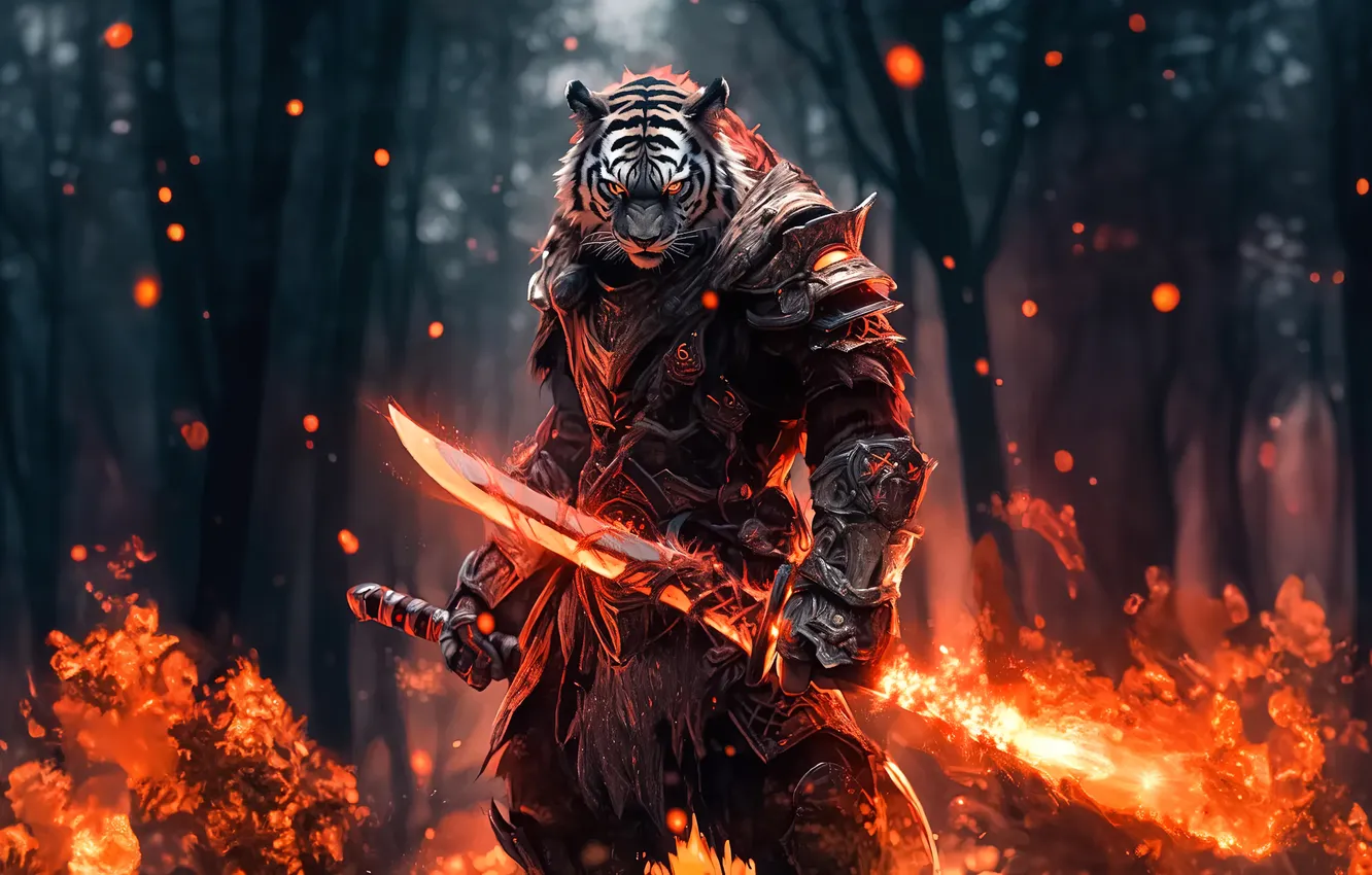 Photo wallpaper graphics, fire, fantasy, tiger, warrior