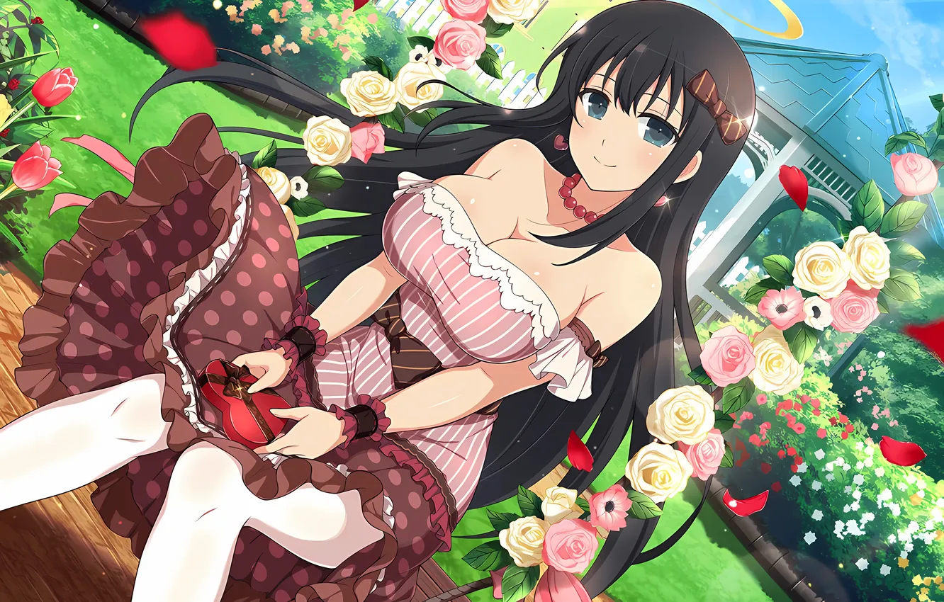Photo wallpaper girl, sexy, cleavage, long hair, dress, boobs, anime, flowers
