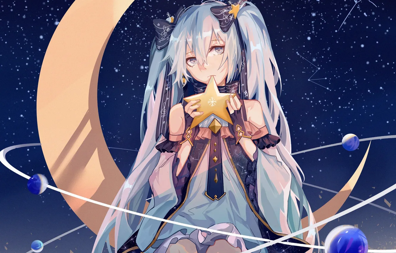 Photo wallpaper girl, night, a month, art, Vocaloid