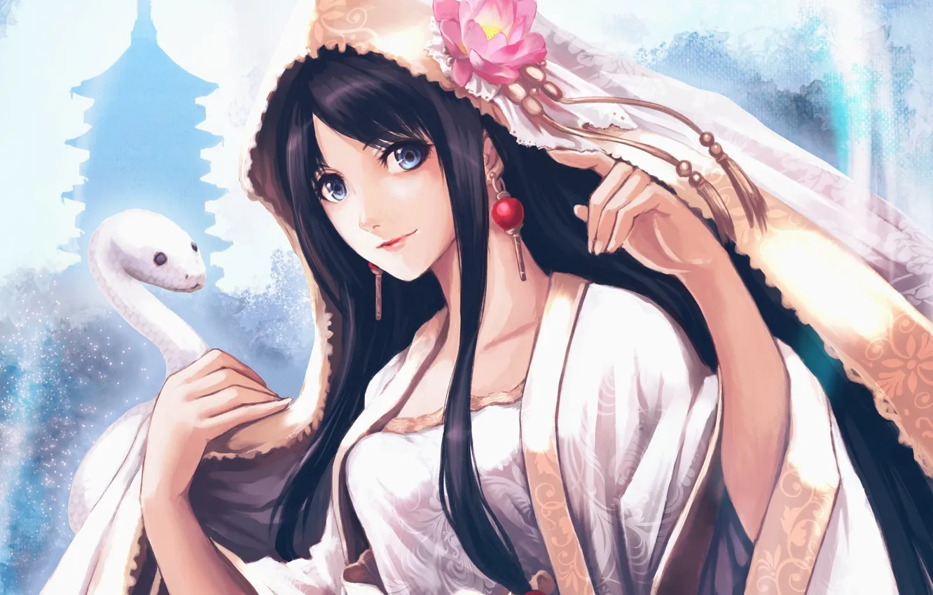 Photo wallpaper look, girl, smile, snake, outfit, art, yokomoto