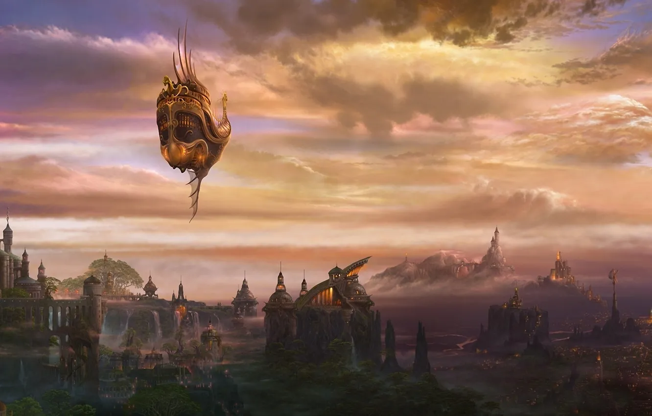 Photo wallpaper the city, river, rocks, ship, tower, waterfall, art, ucchiey