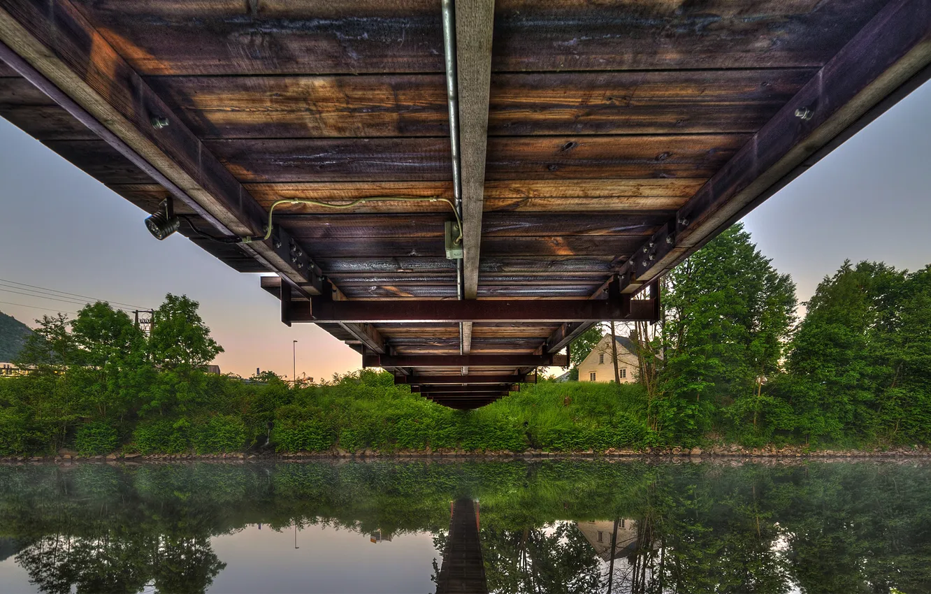 Photo wallpaper bridge, reflection, river, thickets, home, haze