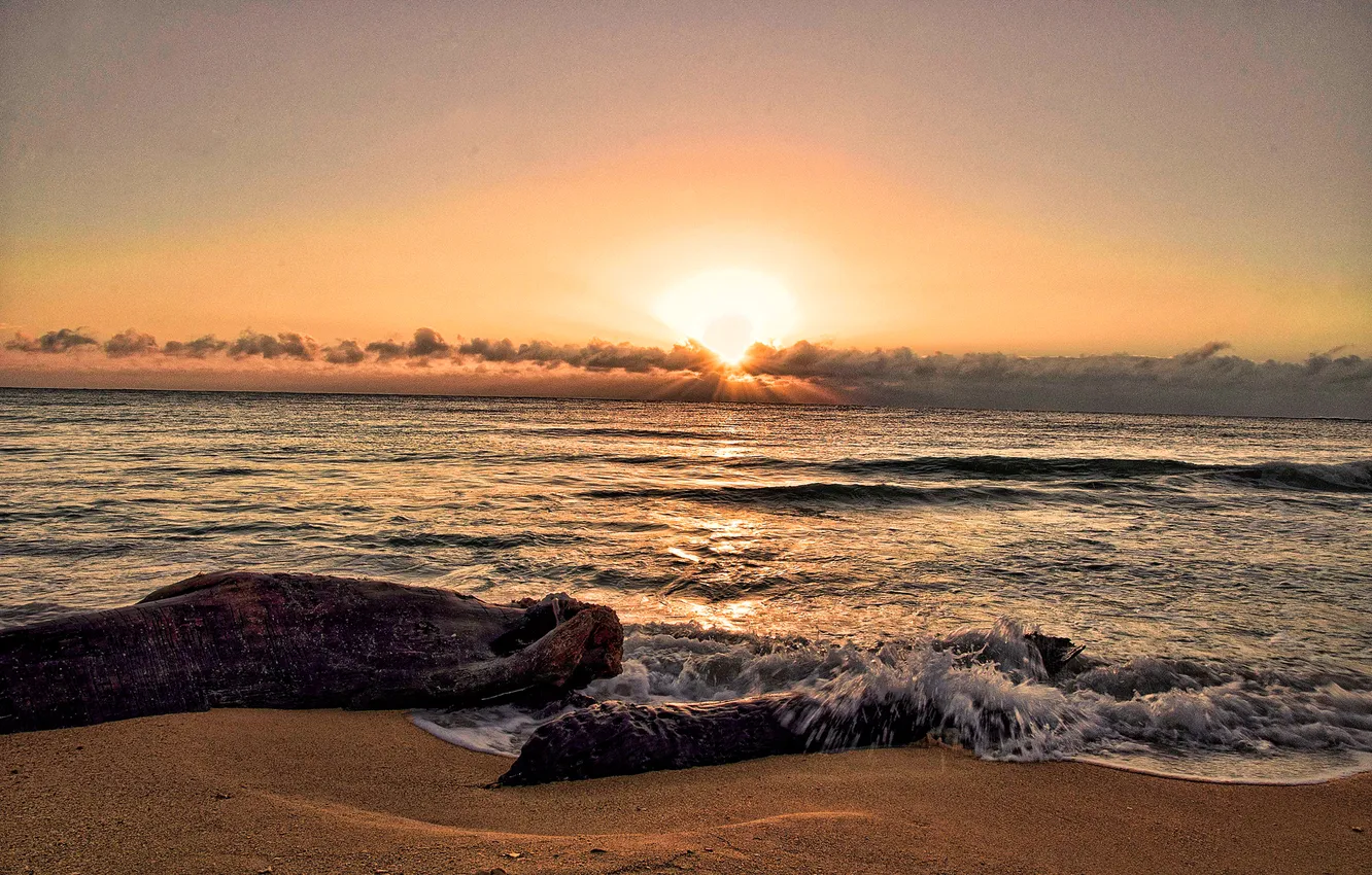Photo wallpaper sea, the sky, clouds, sunset, shore