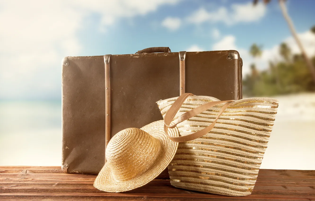 Photo wallpaper hat, suitcase, summer, beach, vacation, travel
