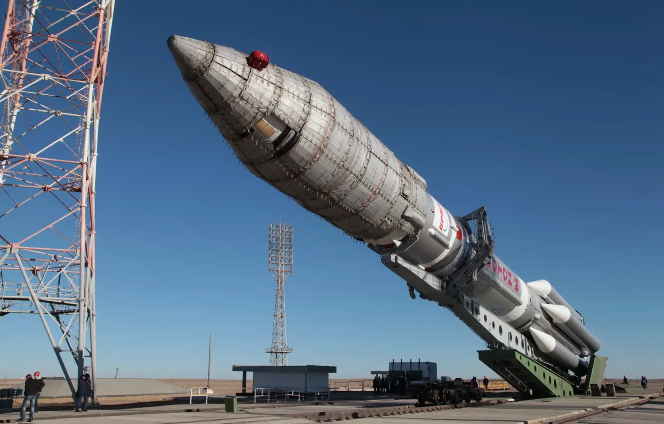Photo wallpaper Kazakhstan, spaceport, Baikonur, clear skies, the carrier rocket proton-m, the satellite Sirius FM-6