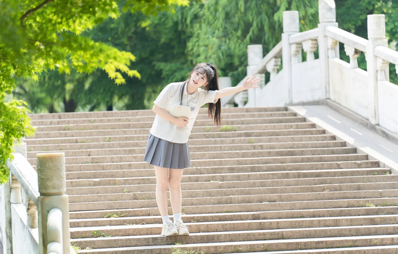 Photo wallpaper trees, woman, smile, beautiful, model, pretty, book, asian