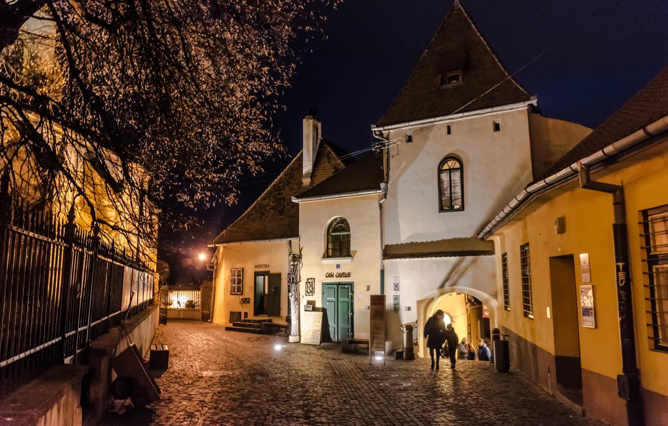 Photo wallpaper city, light, night, old, Romania, Sibiu
