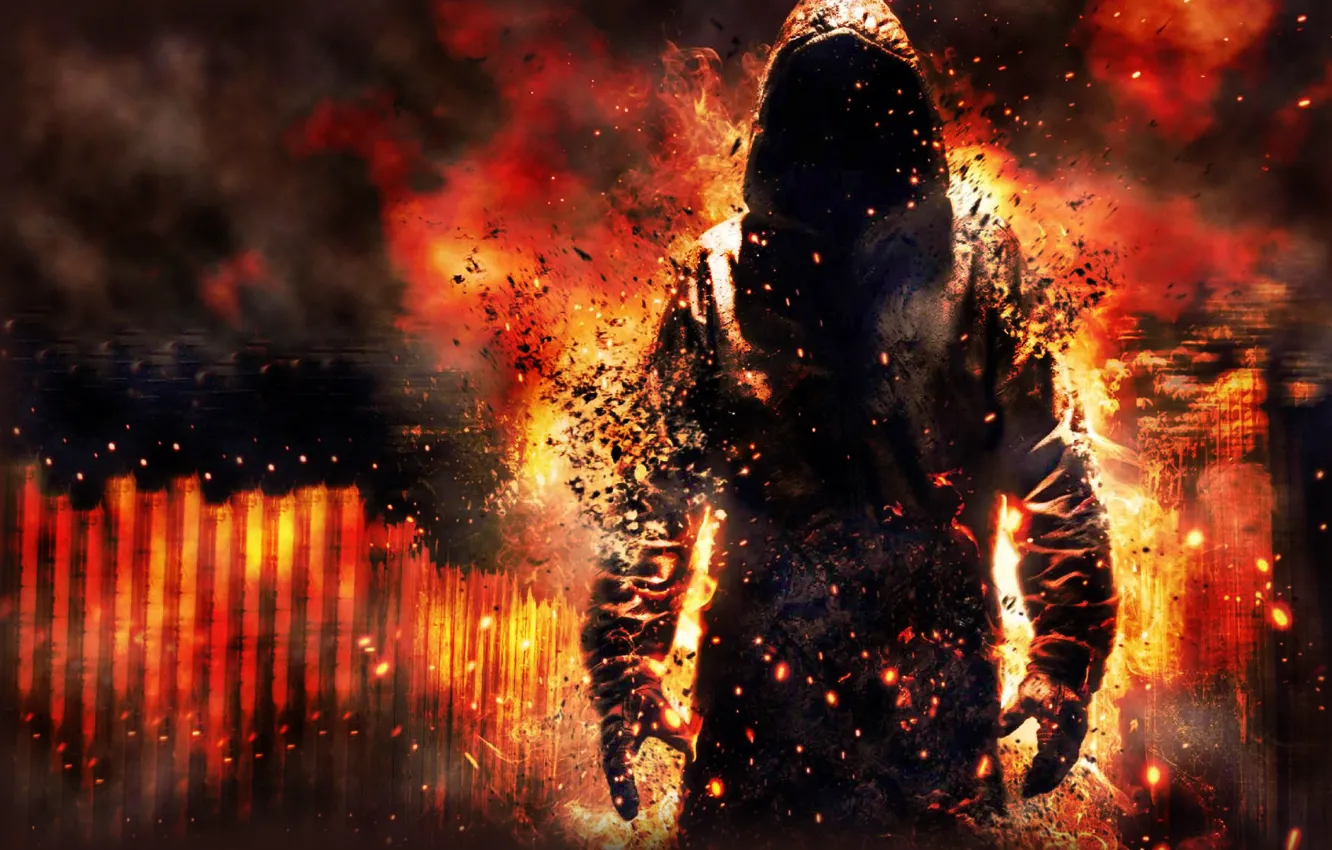 Photo wallpaper lights, flame, smoke, being, the demon, Ghost, hood, hoodie
