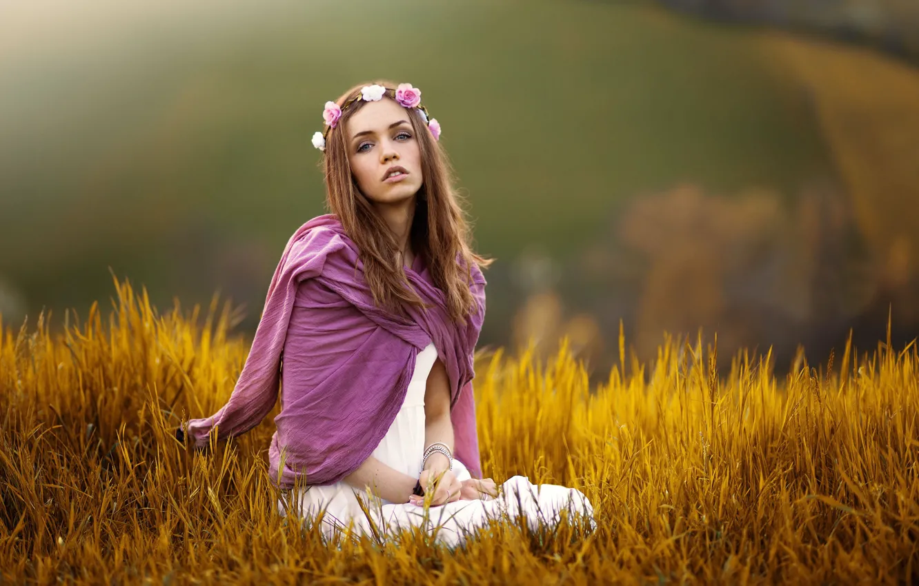Photo wallpaper grass, look, girl, mood, wreath