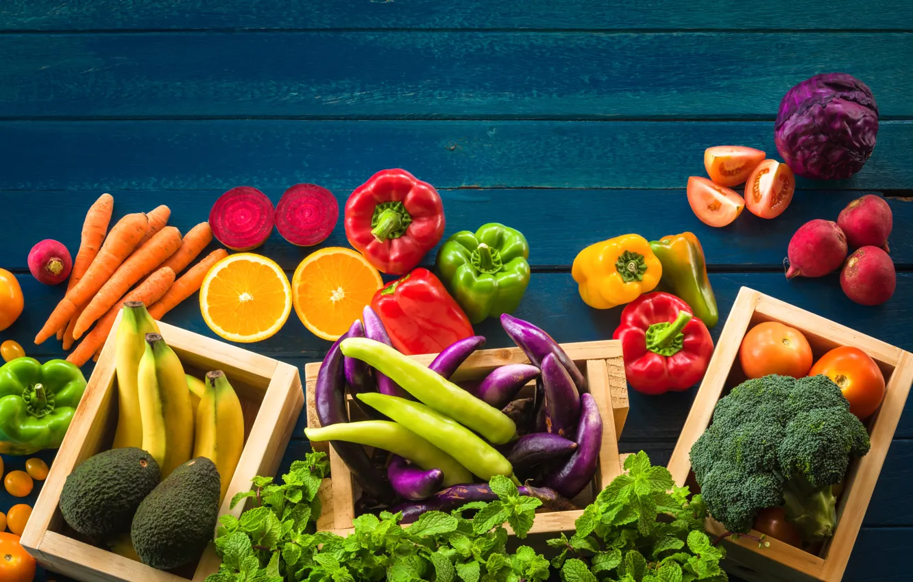 Photo wallpaper greens, fruit, vegetables, fruits, cuts, vegetables, assorted