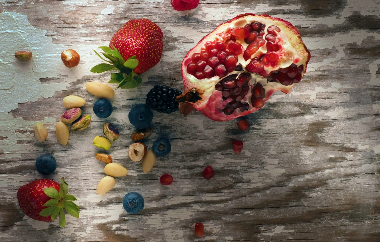 Photo wallpaper berries, blueberries, strawberry, fruit, nuts, wood, garnet