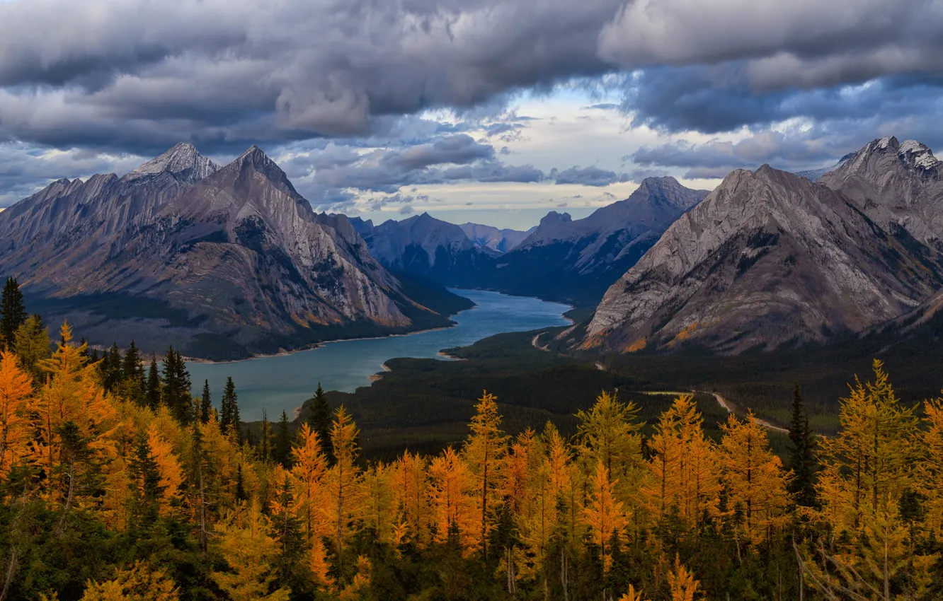Photo wallpaper autumn, forest, the sky, clouds, mountains, river, rocks, shore
