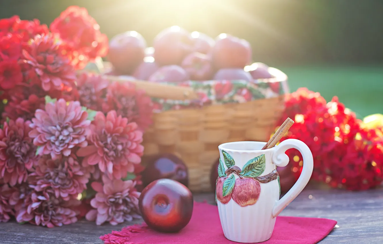 Photo wallpaper light, red, nature, table, apples, bouquet, harvest, mug