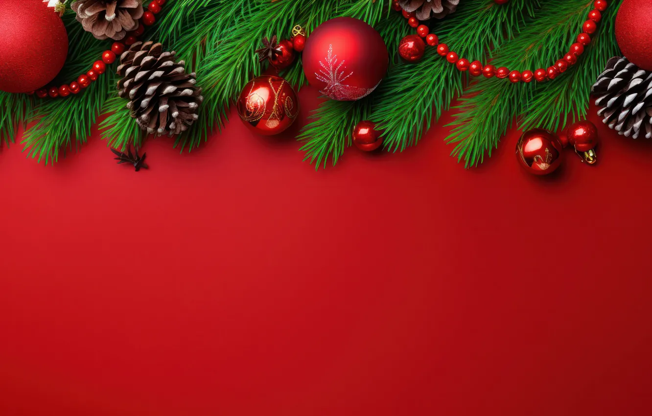 Photo wallpaper balls, branches, red, new year, Christmas, needles, bumps, red background