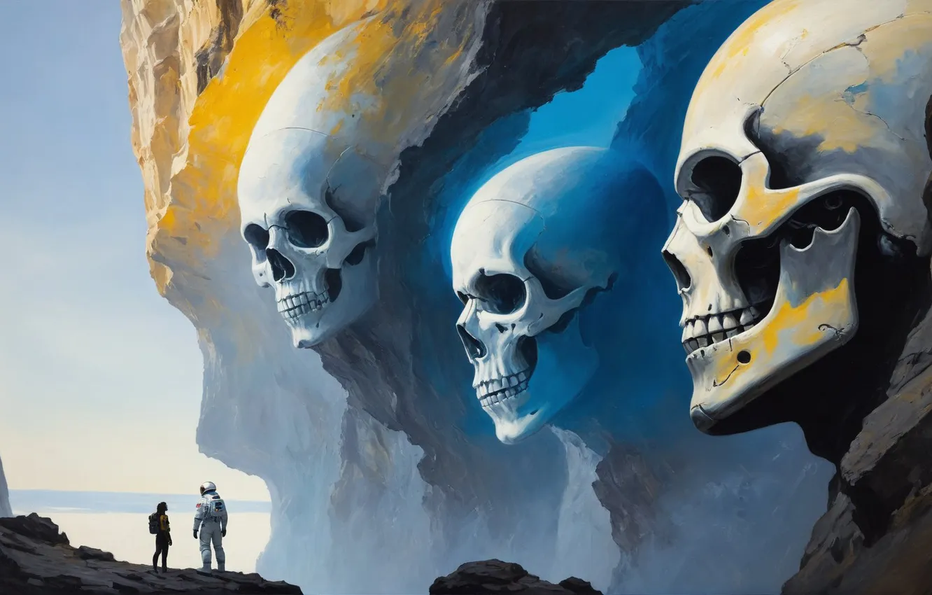 Photo wallpaper girl, rocks, skull, astronaut, another world
