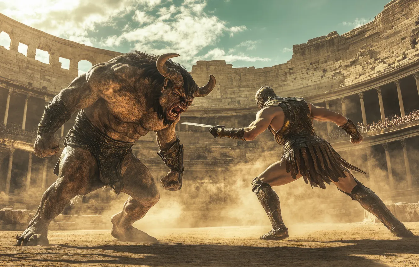 Photo wallpaper sword, warrior, grin, horns, male, battle, the battle, monster