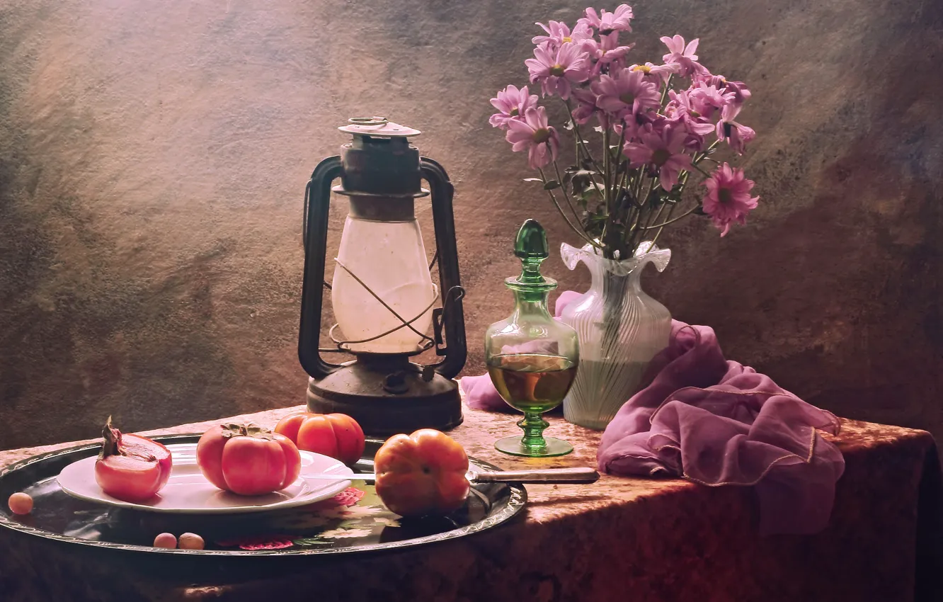 Photo wallpaper flowers, bouquet, alcohol, lantern, still life, tomatoes