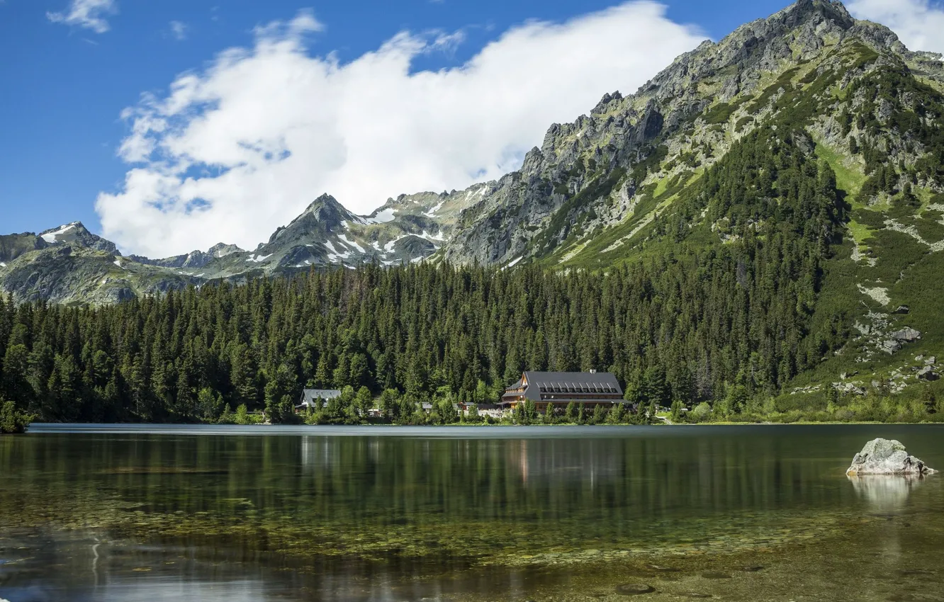 Photo wallpaper forest, the sky, mountains, lake, home