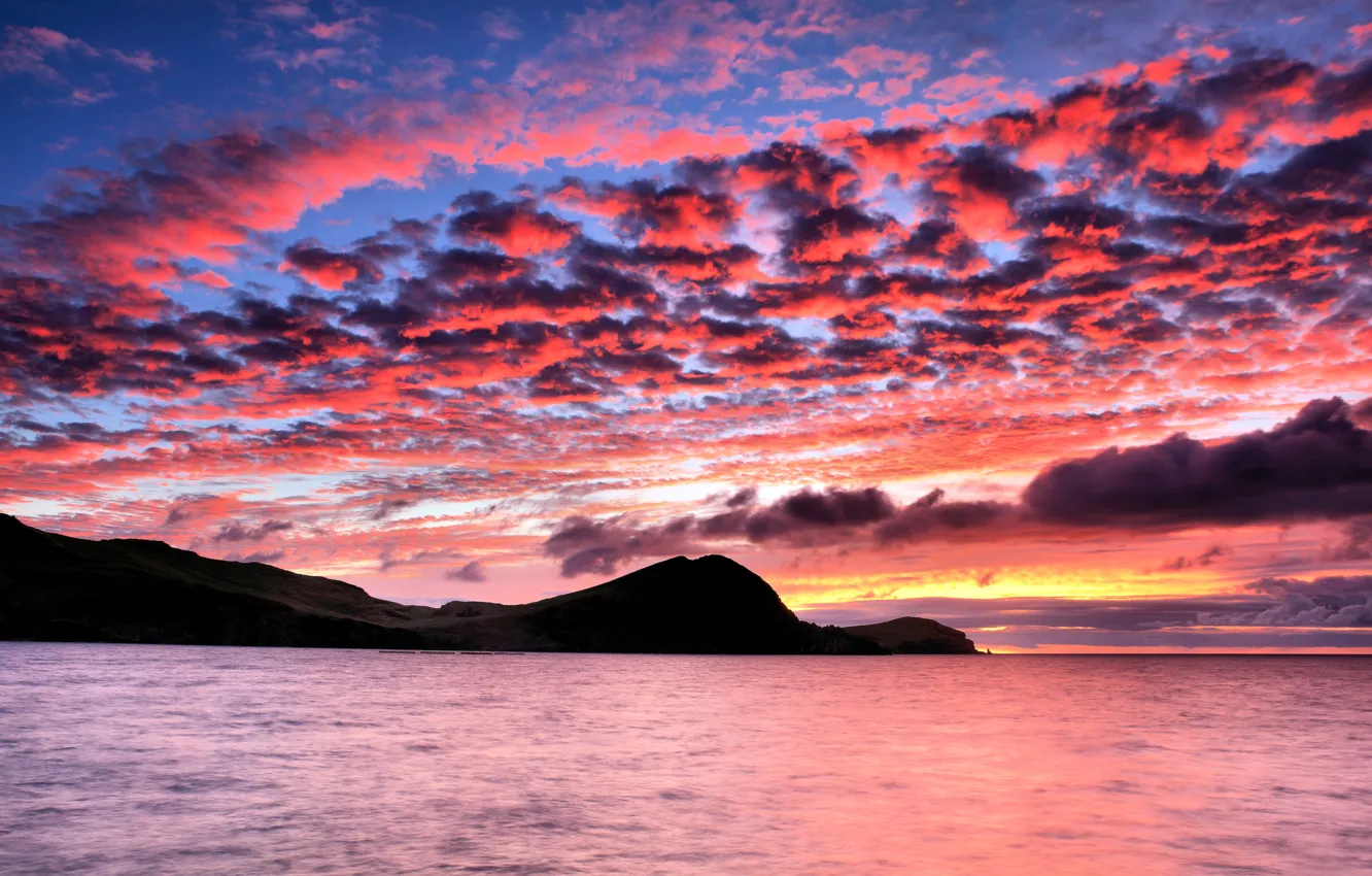 Photo wallpaper sea, the sky, clouds, sunset, mountains, silhouette