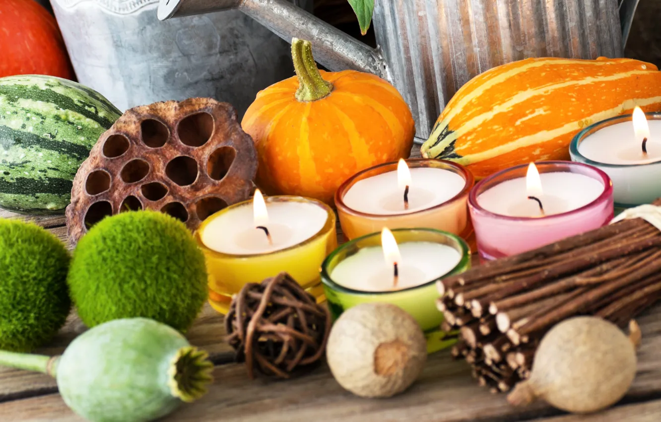 Photo wallpaper autumn, decoration, Maki, candles, watermelon, pumpkin, rods, candle holder