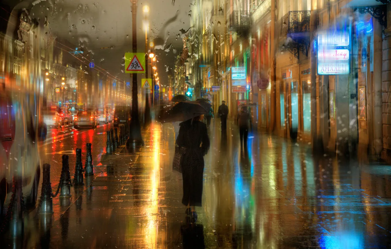 Photo wallpaper drops, rain, umbrella, Saint Petersburg, passers-by, Nevsky