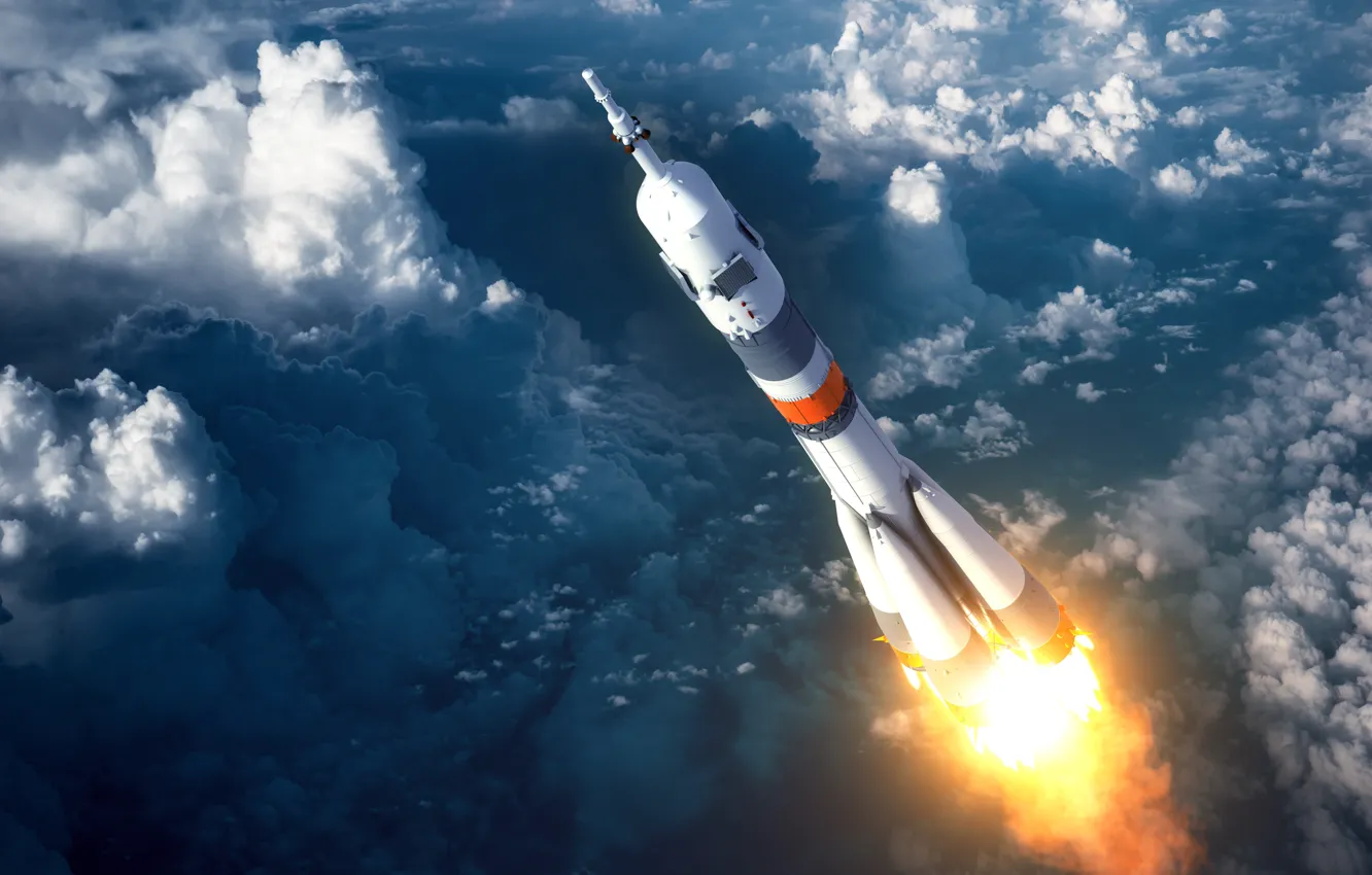 Photo wallpaper space, clouds, rocket, Russia, the rise, Soyuz-2.1A