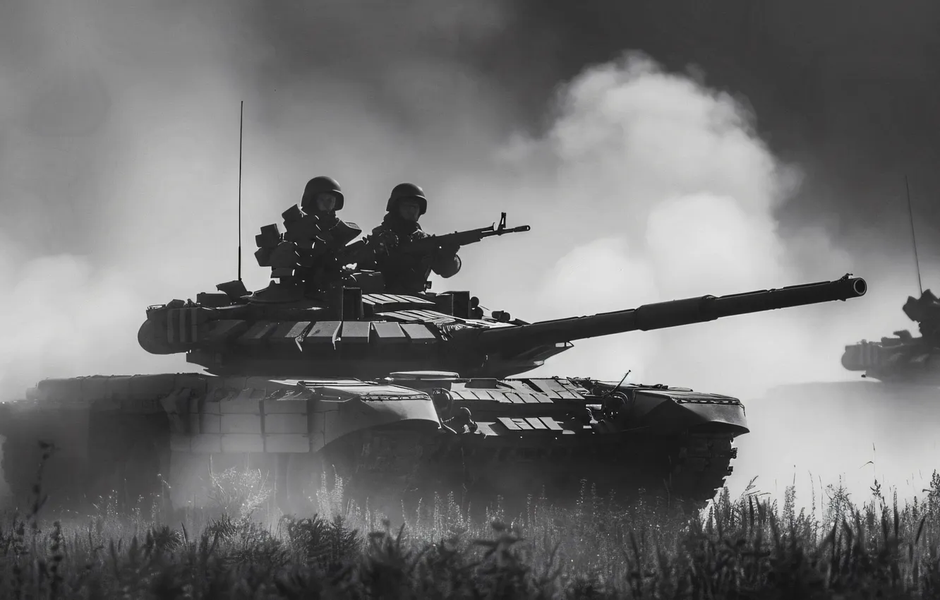 Photo wallpaper grass, smoke, tank, black and white, tankers, digital art, AI art, The Art of Artificial …