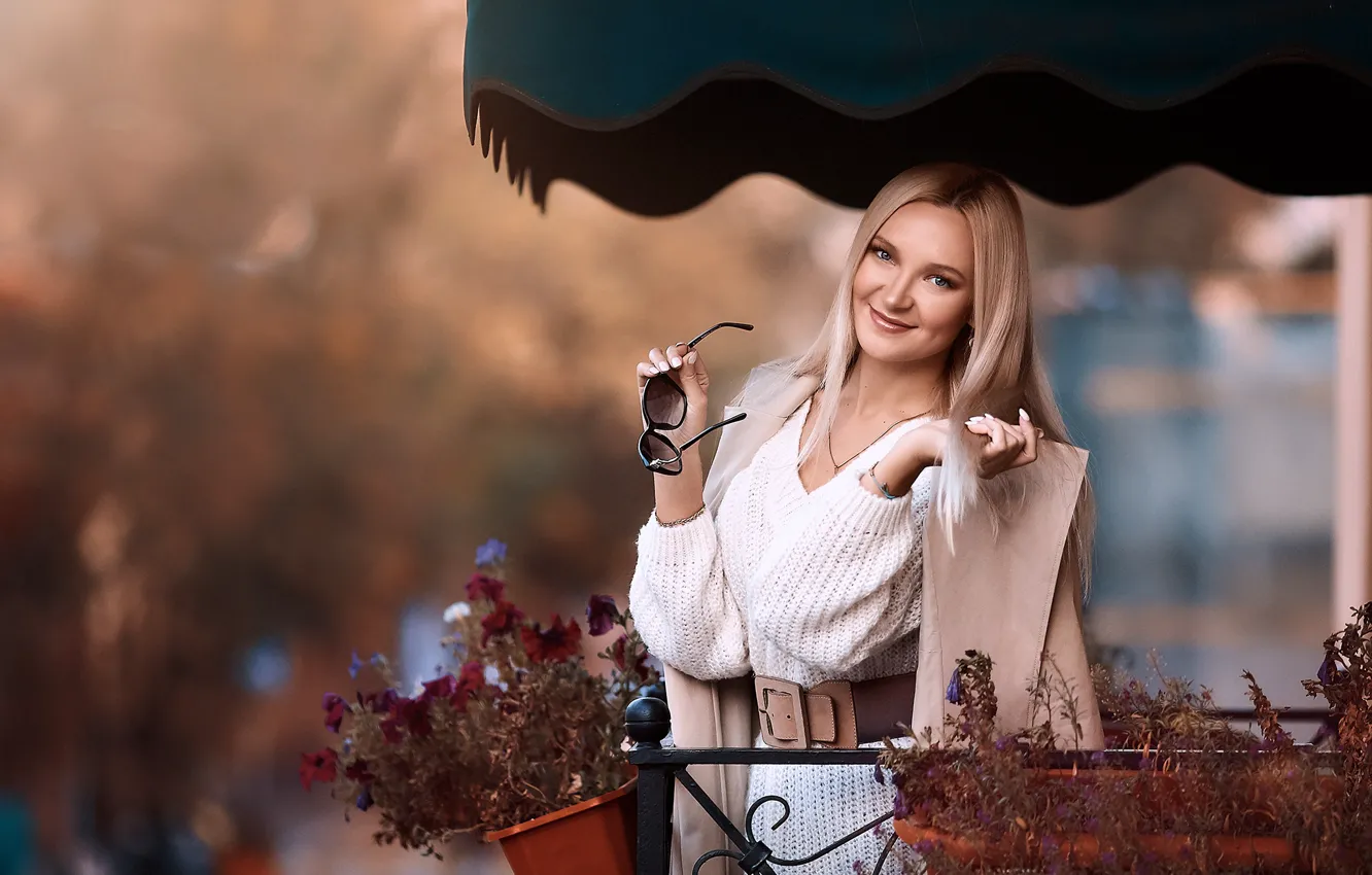 Photo wallpaper look, girl, flowers, glasses, blonde, balcony, coat, pullover